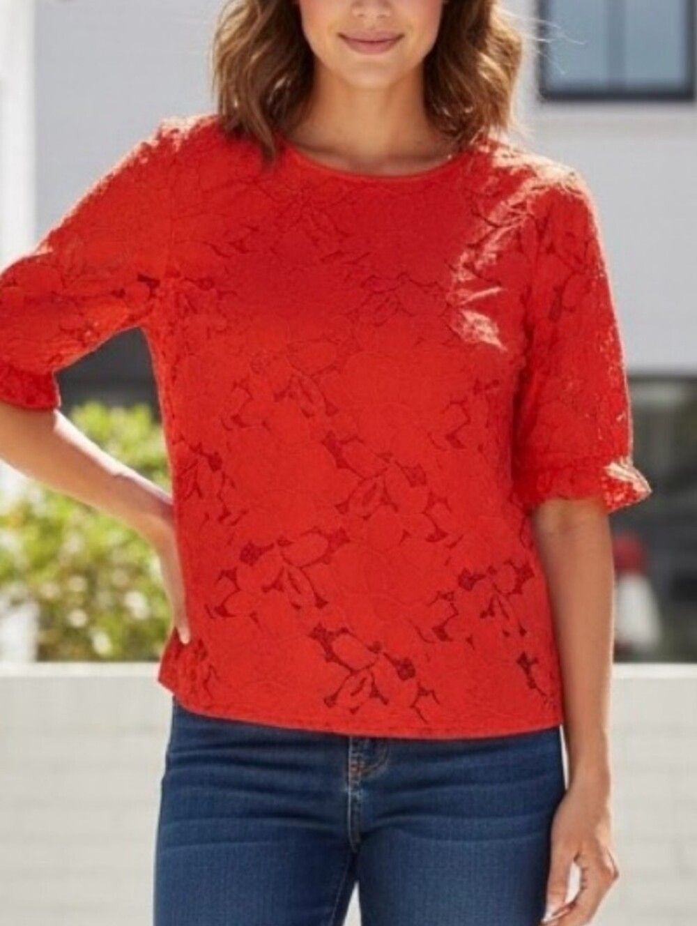 Monteau Red Crochet Lace Short Sleeve Blouse Sz Large